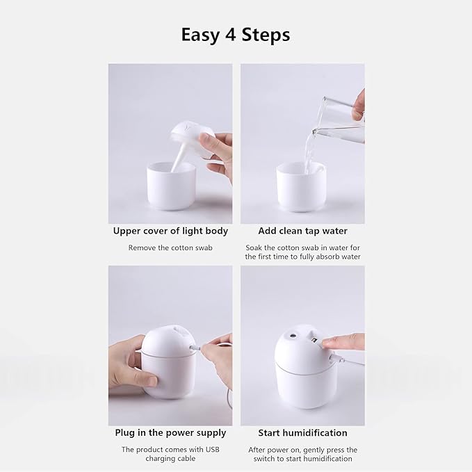 USB Humidifier With Lights, Portable Mini Low Noise Humidifier, Quiet Cool Mist Humidifier for Bedroom and Office, Plants, Easy to Clean